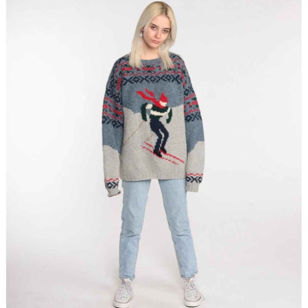 Club‎ Room Hand Knit Wool Sweater Winter Skiing Novelty Fair Isle Crew Neck Sz M